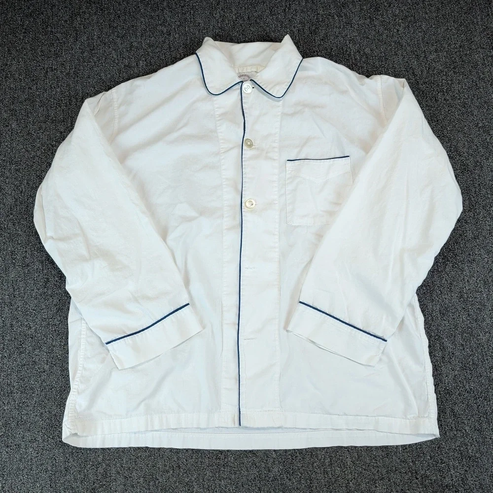 Brooks Brothers Classic Pajama Top Men Large White Cottn Navy Piping Sleep Shirt